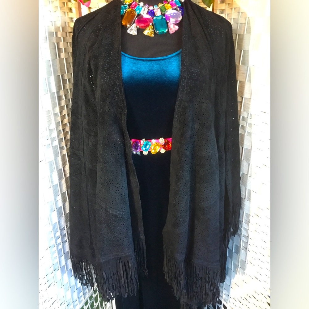 Vintage Suzanne Somers Black Laser Cut Leather Cape Poncho Jacket Coat V…